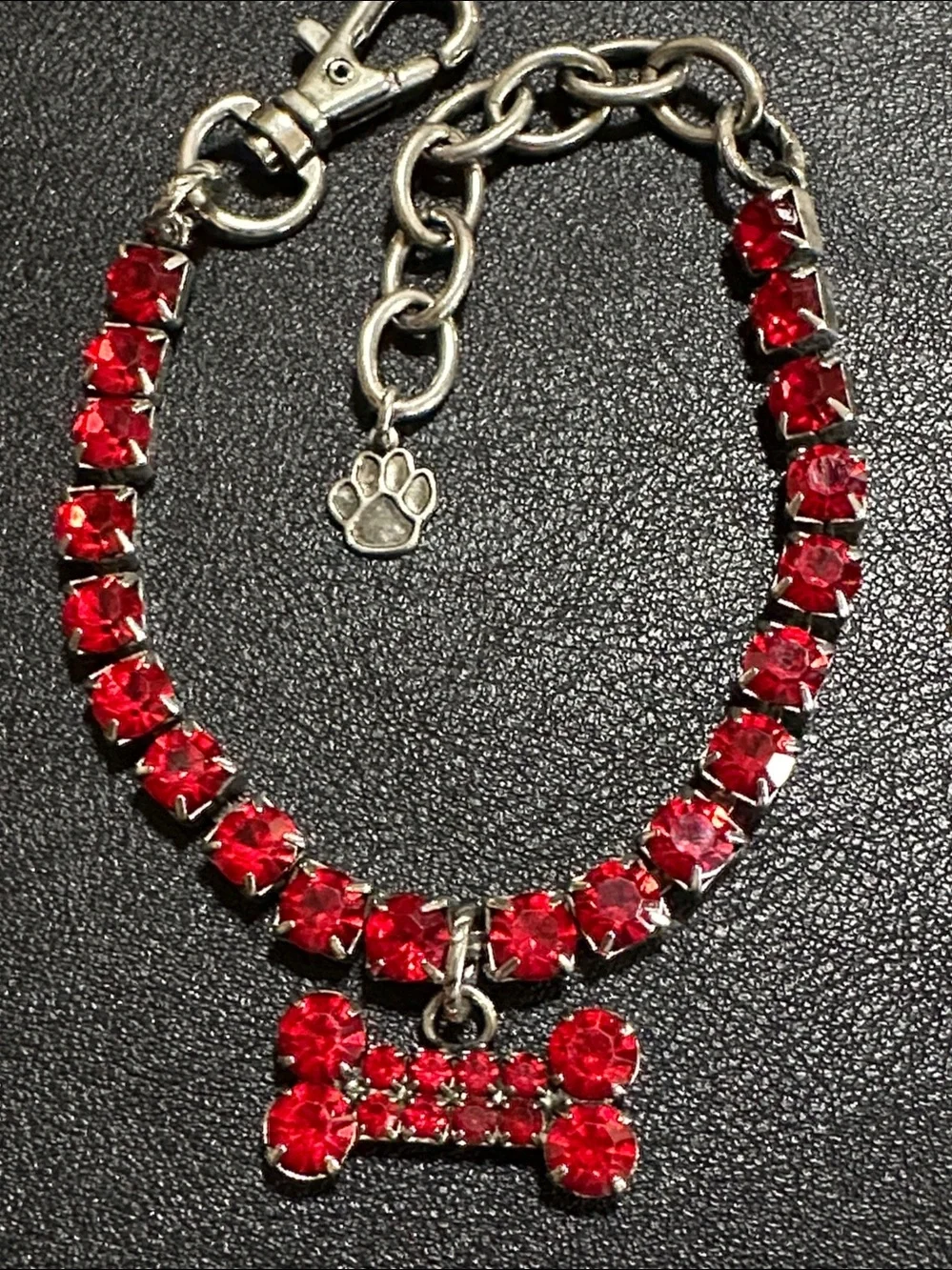Red Rhinestone Silver Tone Small Dog Collar With Dangling Red Charm